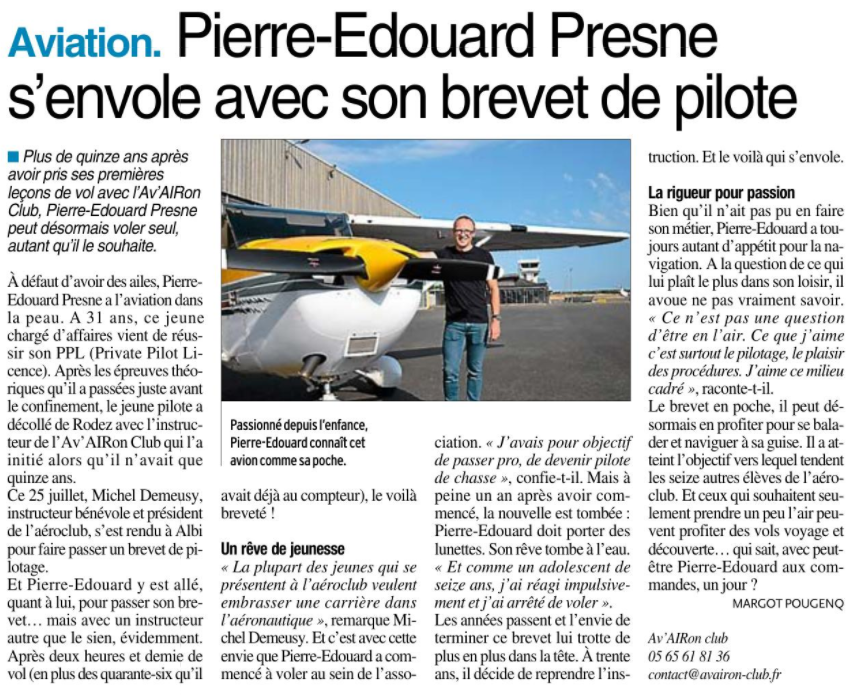 Pierre-Edouard Presne s’envole avec son brevet de pilote